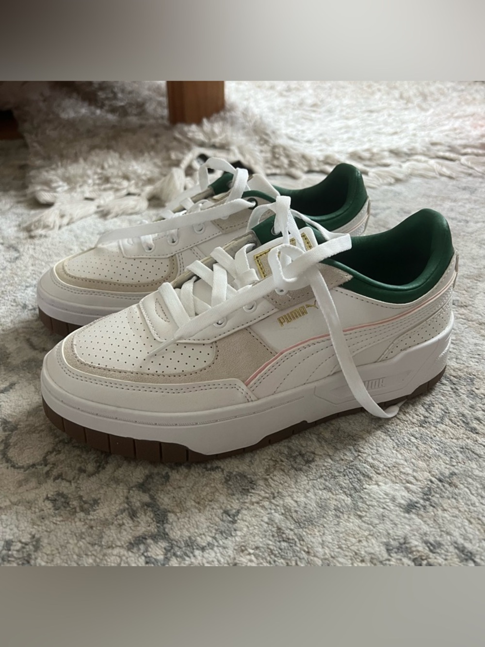 Puma White Platform Sneakers with Green, Pink, and Gold Details